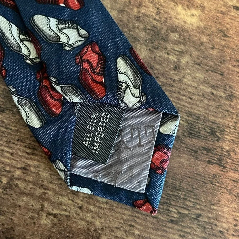 Bally Mens Silk Necktie USA Made Navy Blue Spectator Wingtip Shoe Novelty Print
